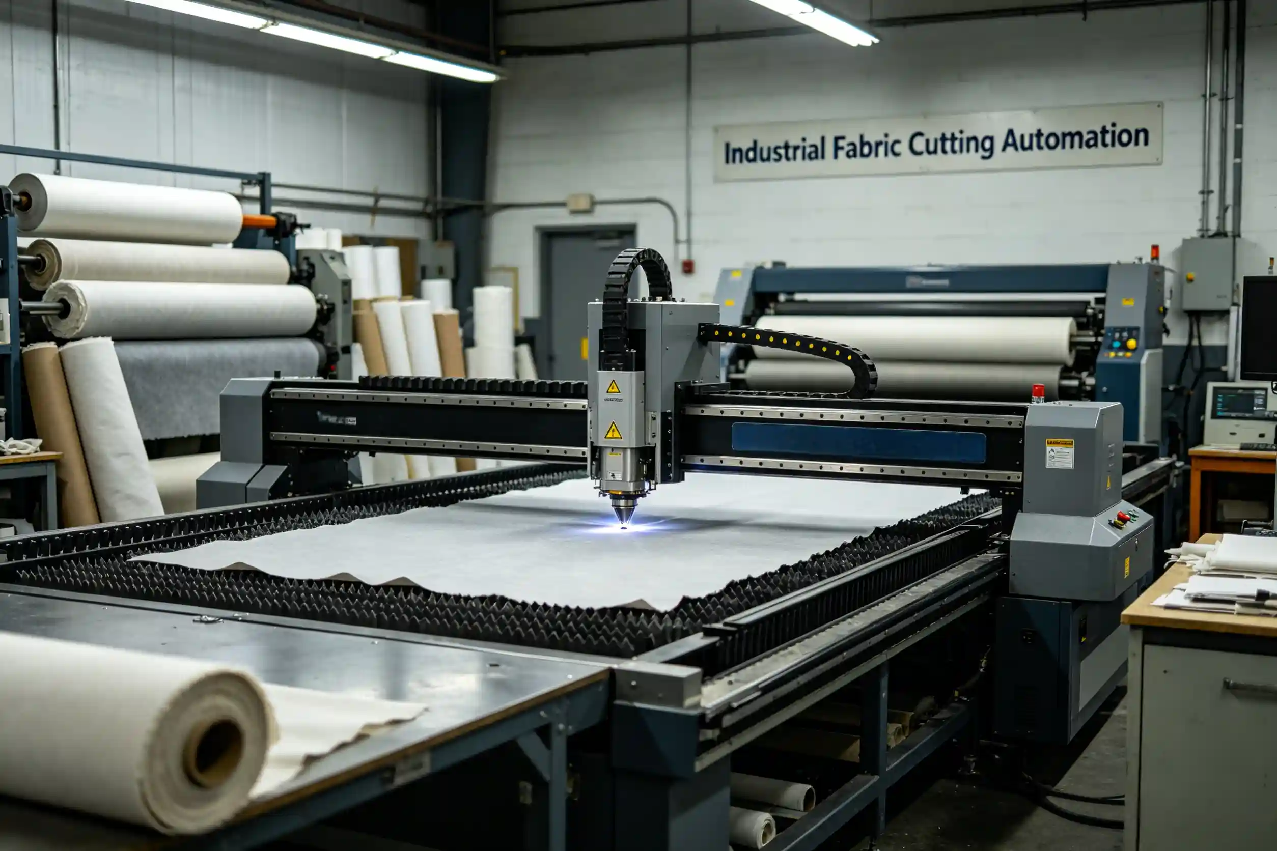 Industrial fabric cutting automation Automatic fabric cutting machine in production environment