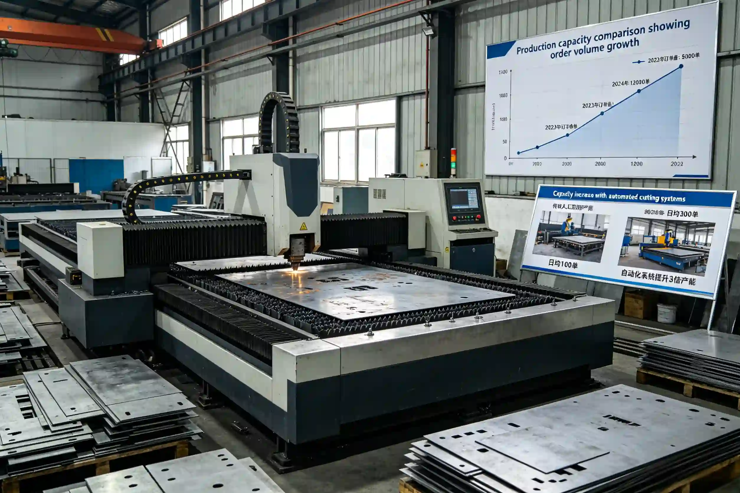 Capacity increase with automated cutting systems Production capacity comparison showing order volume growth