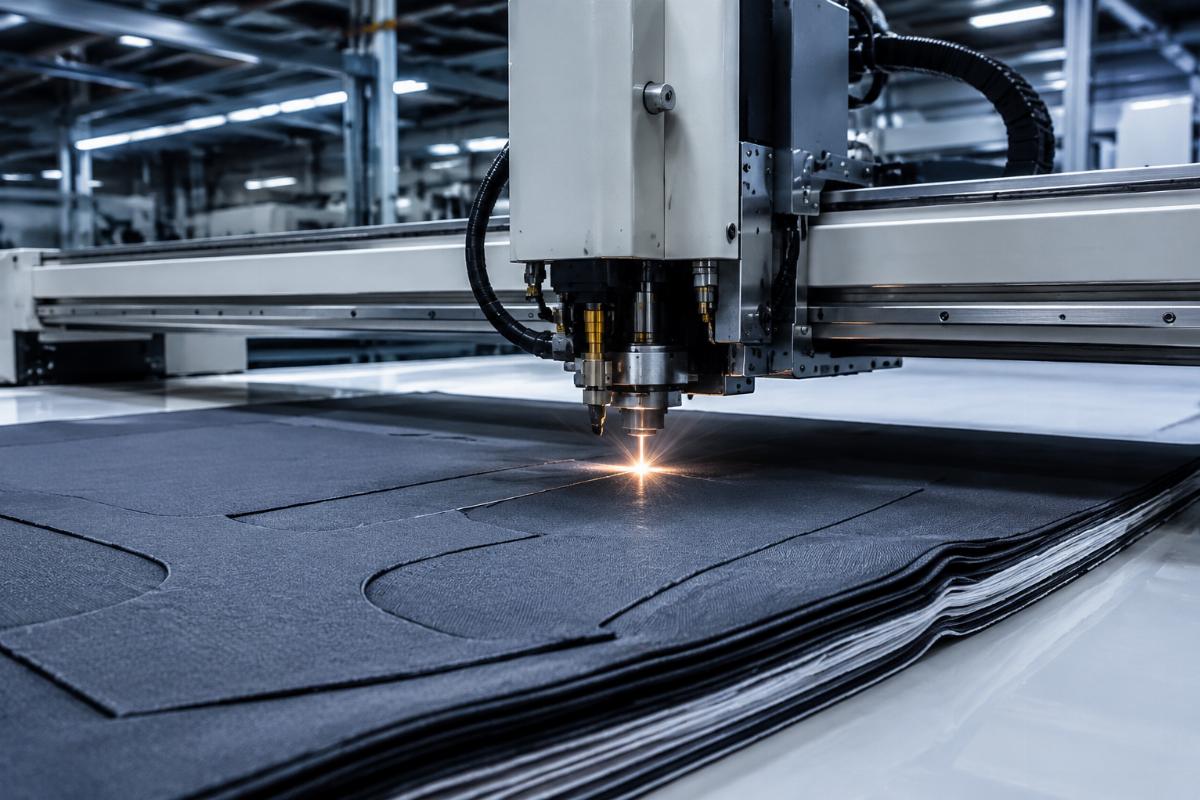 Automatic fabric cutting machine processing multiple fabric layers Automatic fabric cutting machine in operation