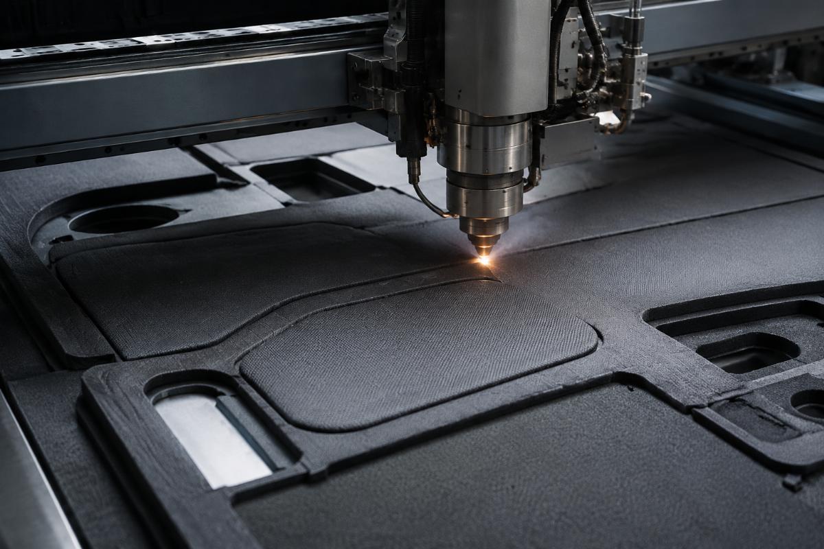 CNC machine cutting automotive fabric and foam CNC cutting automotive interiors