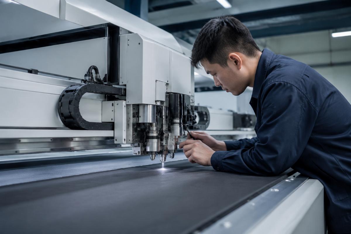Factory maintenance technician performing daily checks on industrial fabric cutting equipment