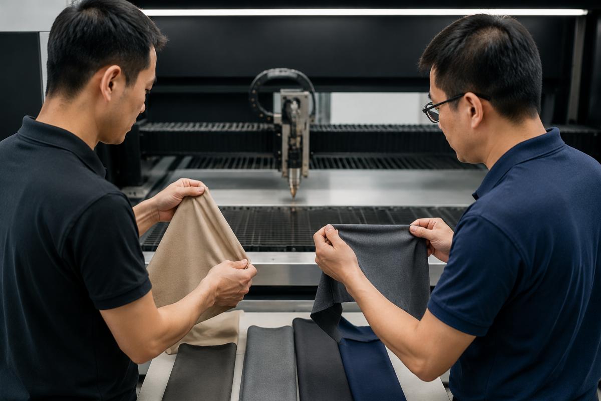 wholesaler examining elastic fabric samples