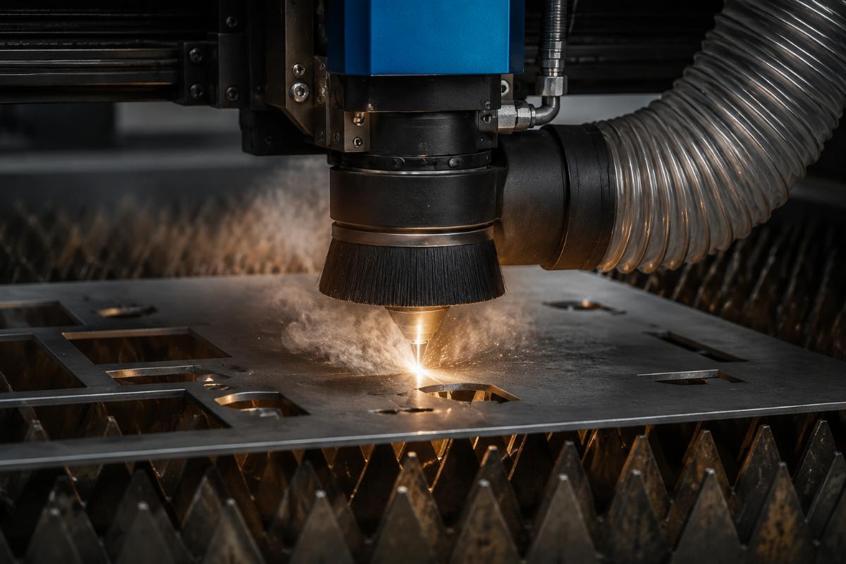 Dust extraction system capturing particles during cutting Close-up of dust extraction nozzle at cutting point