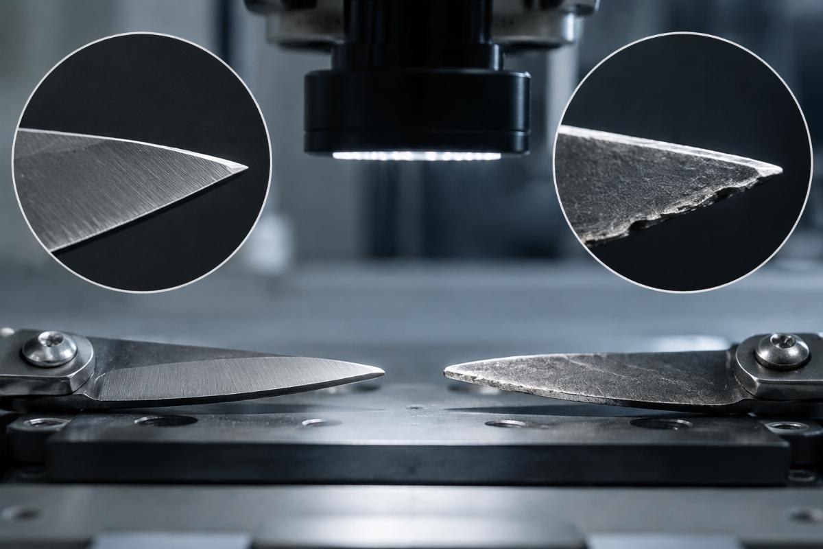 Comparison of sharp versus dull cutting blade edges under magnification
