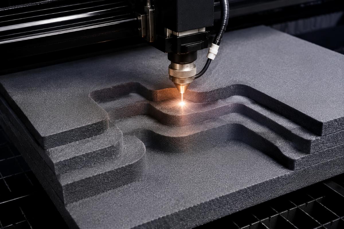 CNC machine cutting thick foam layers