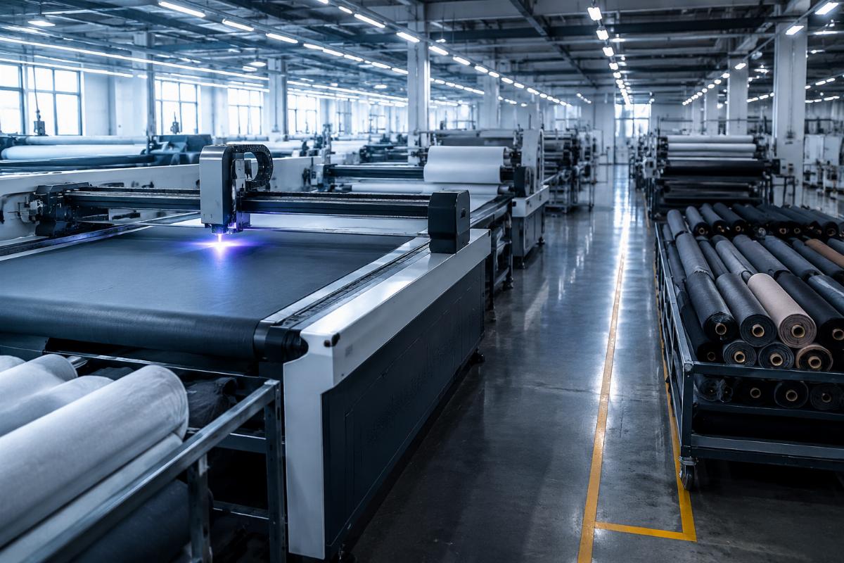 Production bottleneck analysis in fabric processing facility Factory floor layout showing fabric cutting workflow