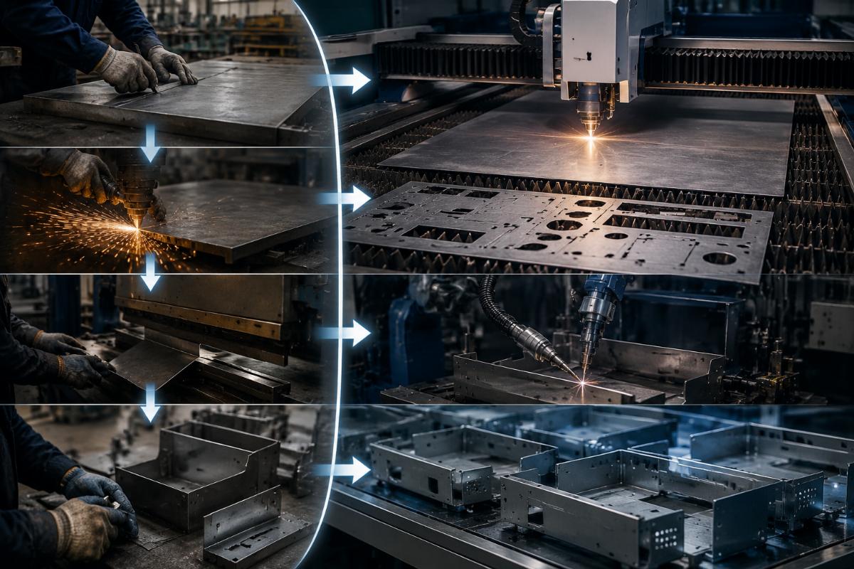 Production workflow transformation with automatic cutting integration Workflow diagram showing before and after automation