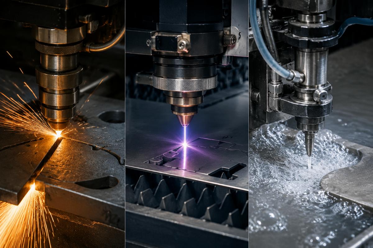Three cutting technologies in operation Side-by-side comparison of knife, laser, and waterjet cutting