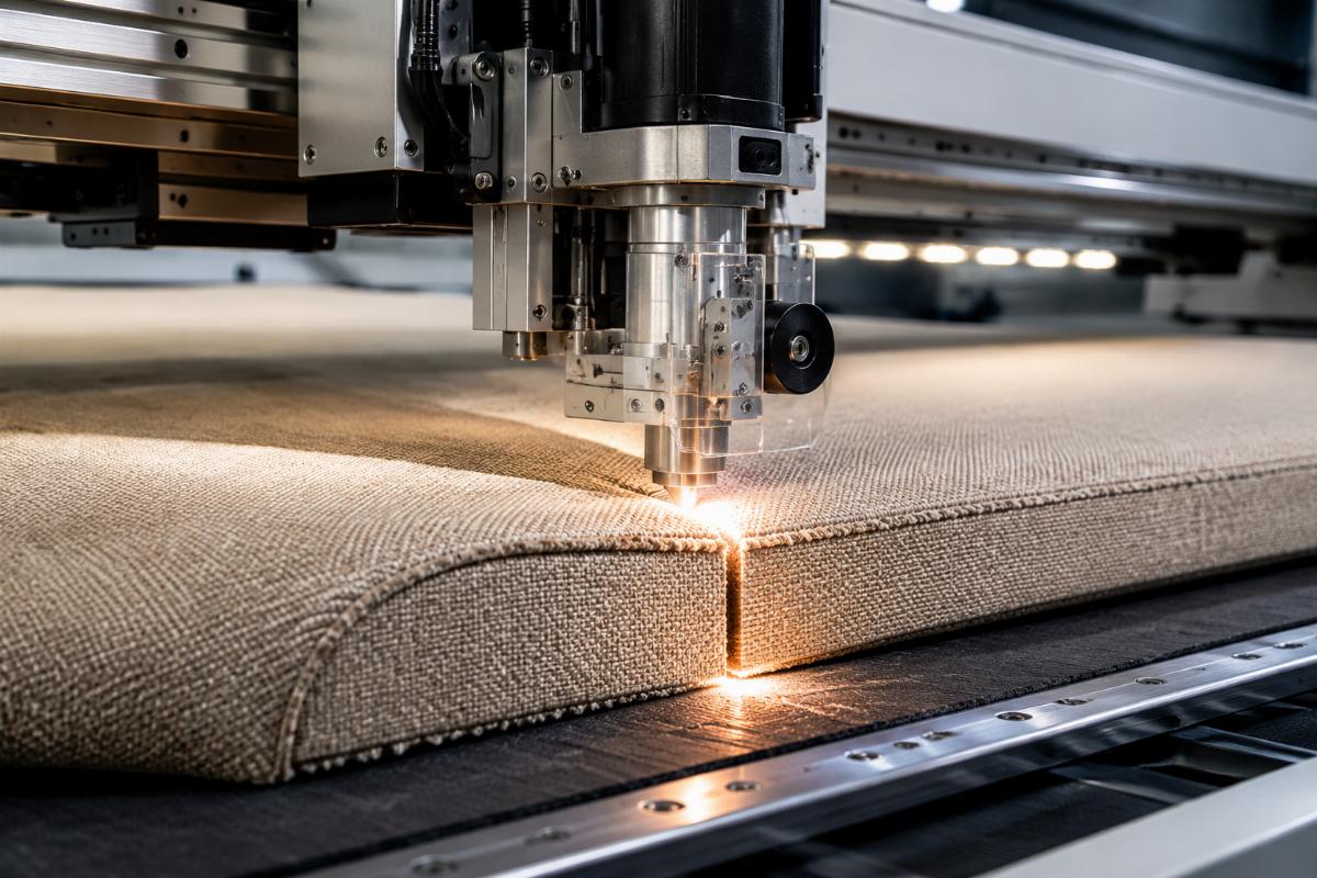 Oscillating knife cutting thick sofa fabric