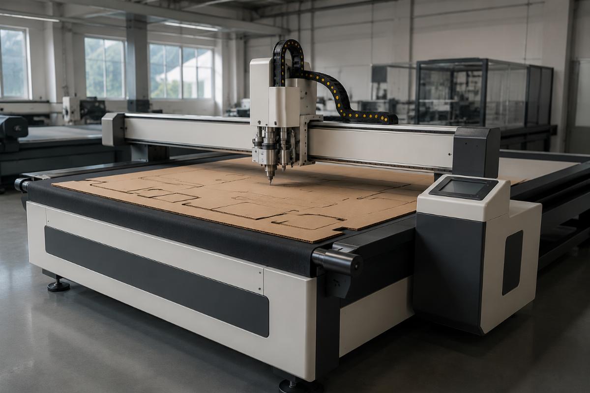 1-unit custom CNC cutting machine with OEM branding A standard corrugated cardboard CNC cutting machine with custom brand marking on the control panel
