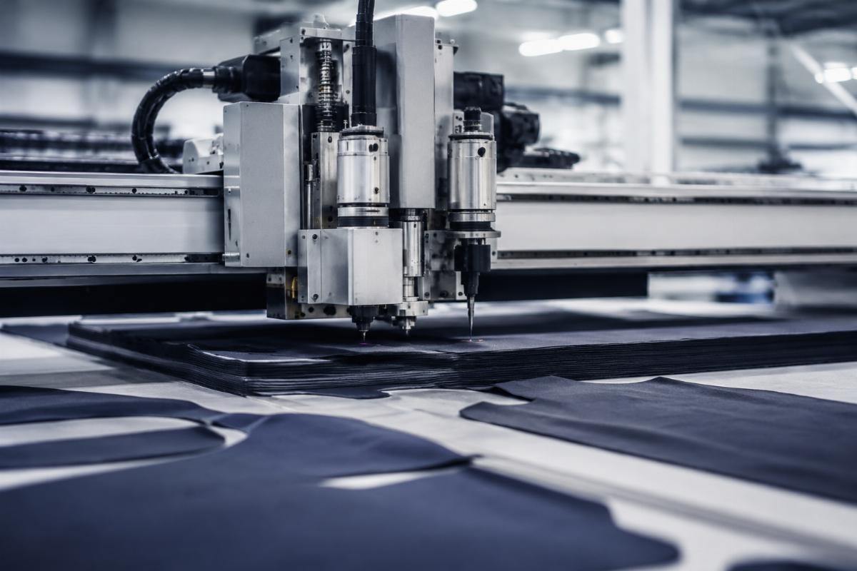 A CNC oscillating knife cutter in operation cutting multiple layers of fabric in a modern factory