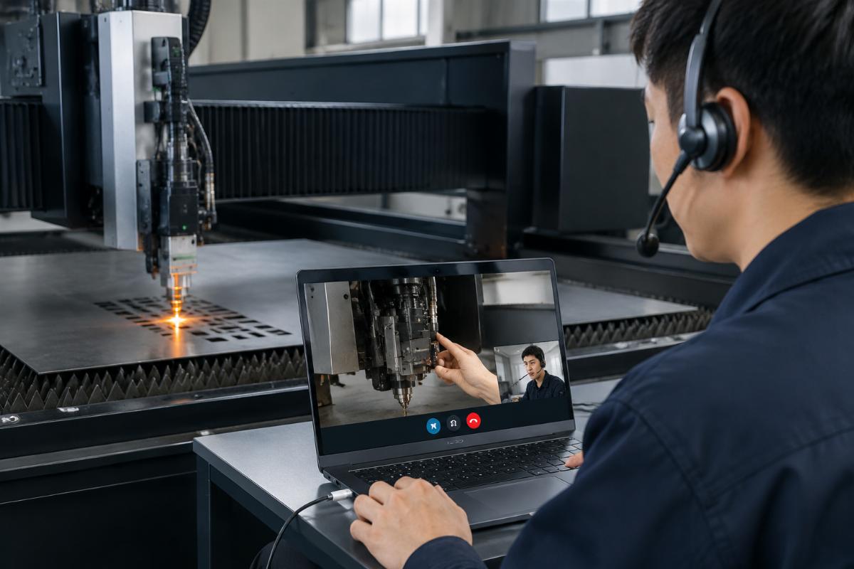Technical support team assisting a buyer with machine operation via remote video call
