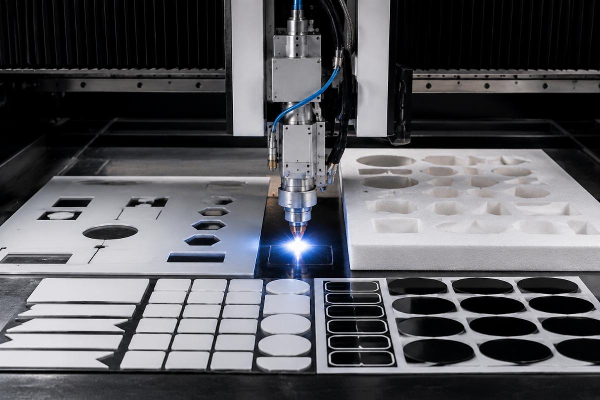 A workshop scene showing a CNC cutting machine processing KT board, foam board and stickers with clean edges
