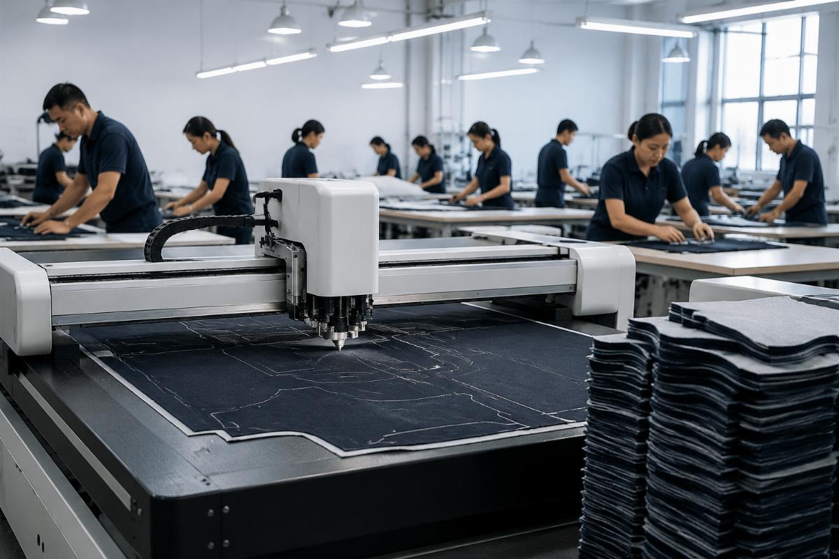 A 10-person garment workshop operating a compact CNC cutting machine next to a stack of cut fabric layers