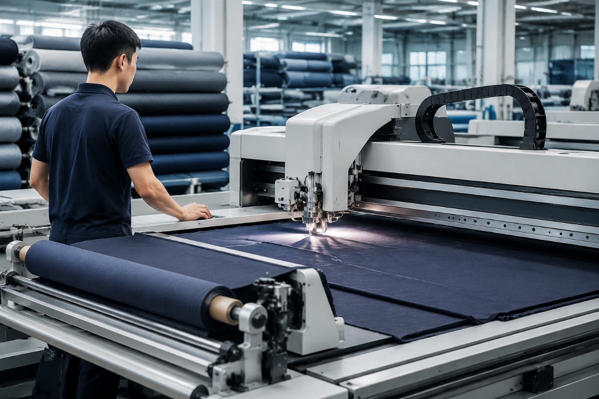 A production line operator running an auto-feeder CNC fabric cutting machine with stacked fabric rolls in a garment factory