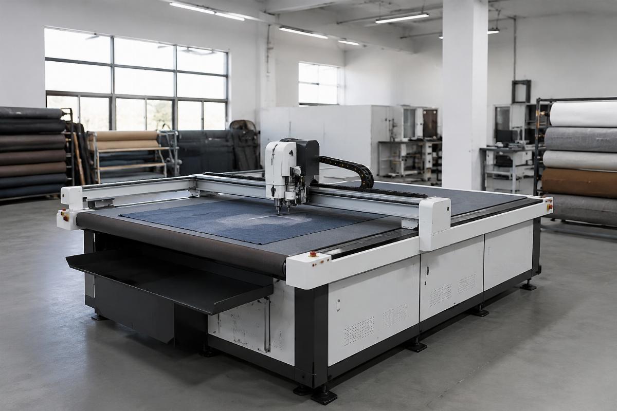 Base model CNC sofa fabric cutting machine for small production teams A compact base model CNC fabric cutting machine placed in a 40 sqm small workshop