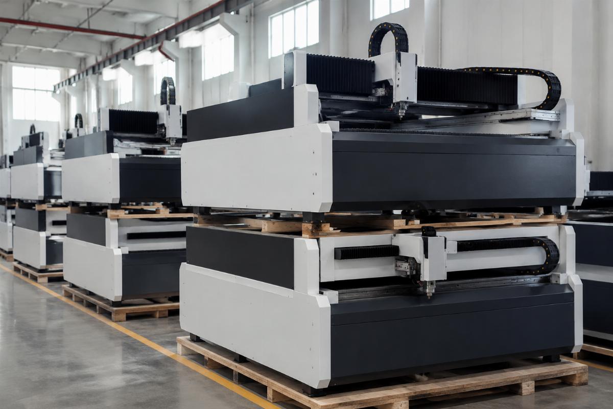 A warehouse with stacked custom CNC foam cutting machines ready for shipment to global clients