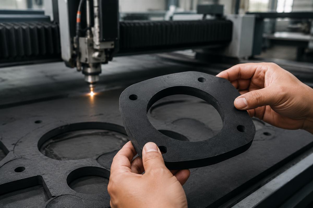 Worker inspecting clean cut edges of a thick rubber gasket part