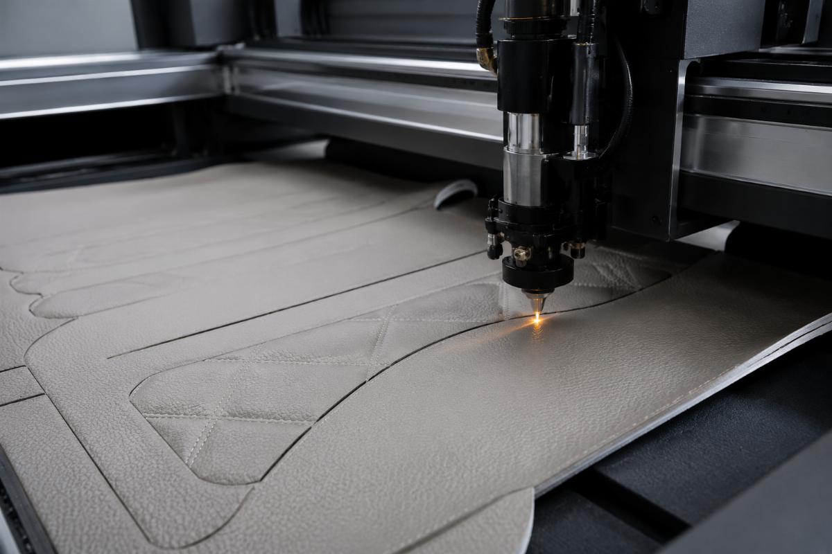2026 car interior CNC cutting machine operating on genuine leather material