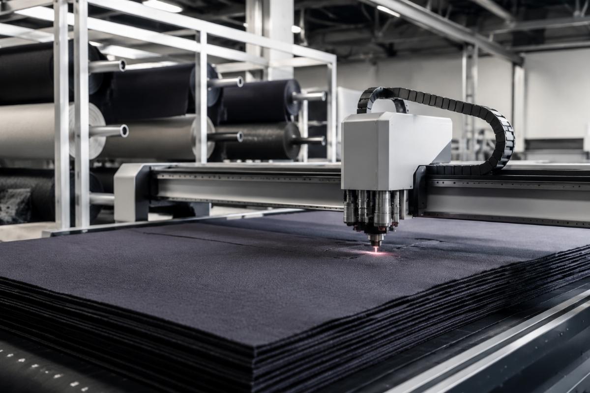 A side view of a 1.5m auto-feeding CNC cutting machine processing multi-layer fabric rolls