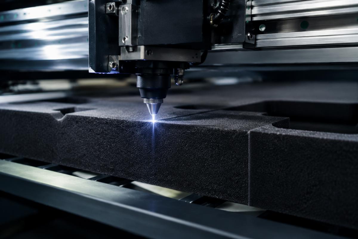 Close up of car interior CNC cutting machine cutting edge on 50mm foam material