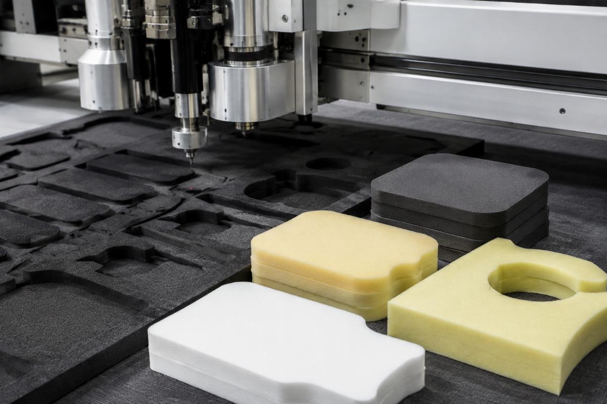 Finished clean-cut EVA and sponge pieces produced by a CNC oscillating knife cutting machine