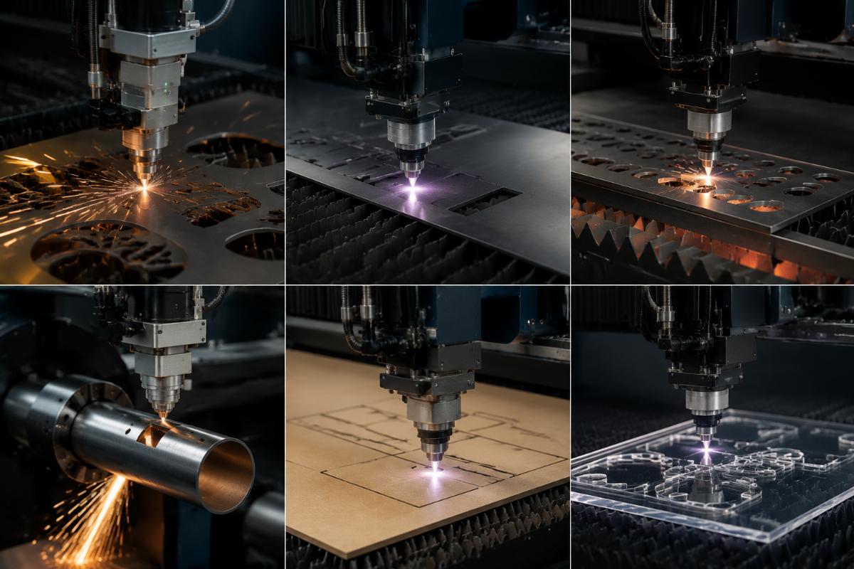 CNC cutting machine for different production scenarios A CNC cutting machine processing different production materials in sequence