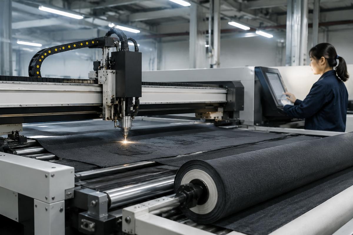 CNC cutting machine operating on textile production line Factory production line with a running CNC cutting machine and staff operating the control panel
