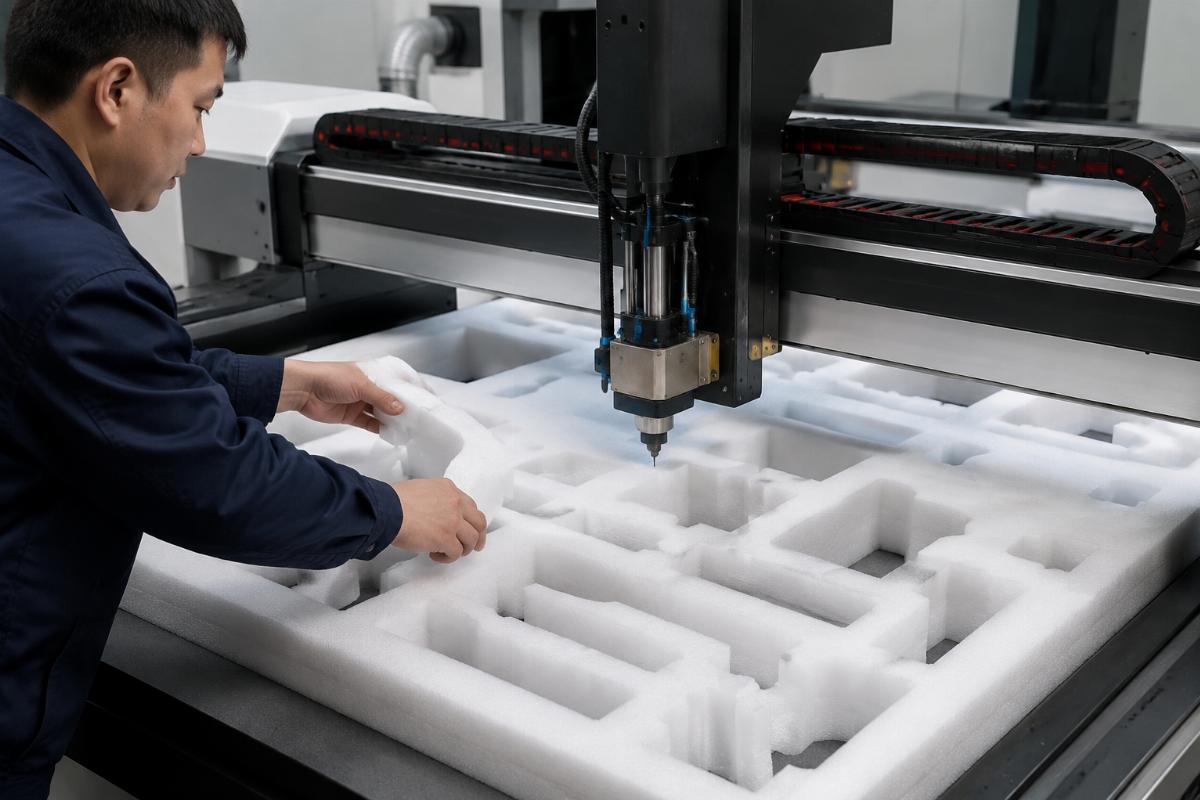 A technician operating a CNC foam cutting machine to cut smooth EPE foam inserts for packaging