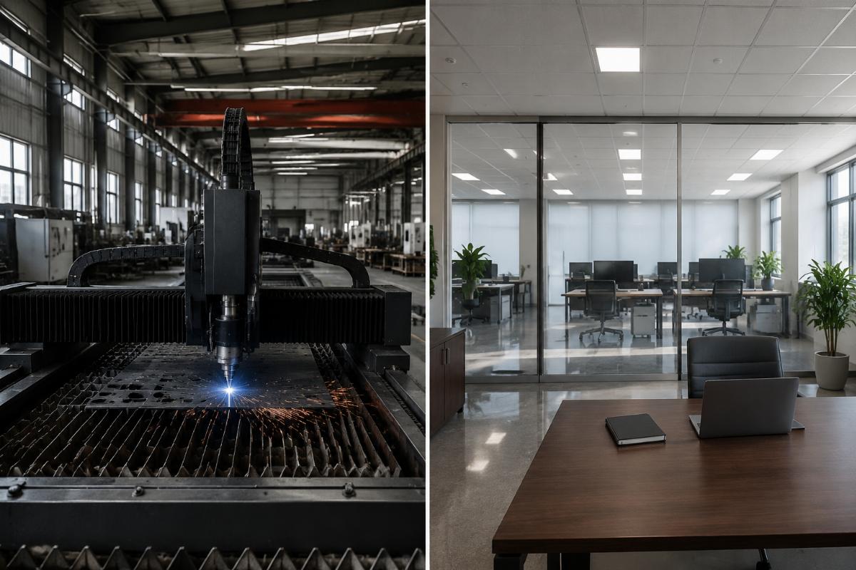 Side-by-side comparison of a direct factory workshop and a trading company office