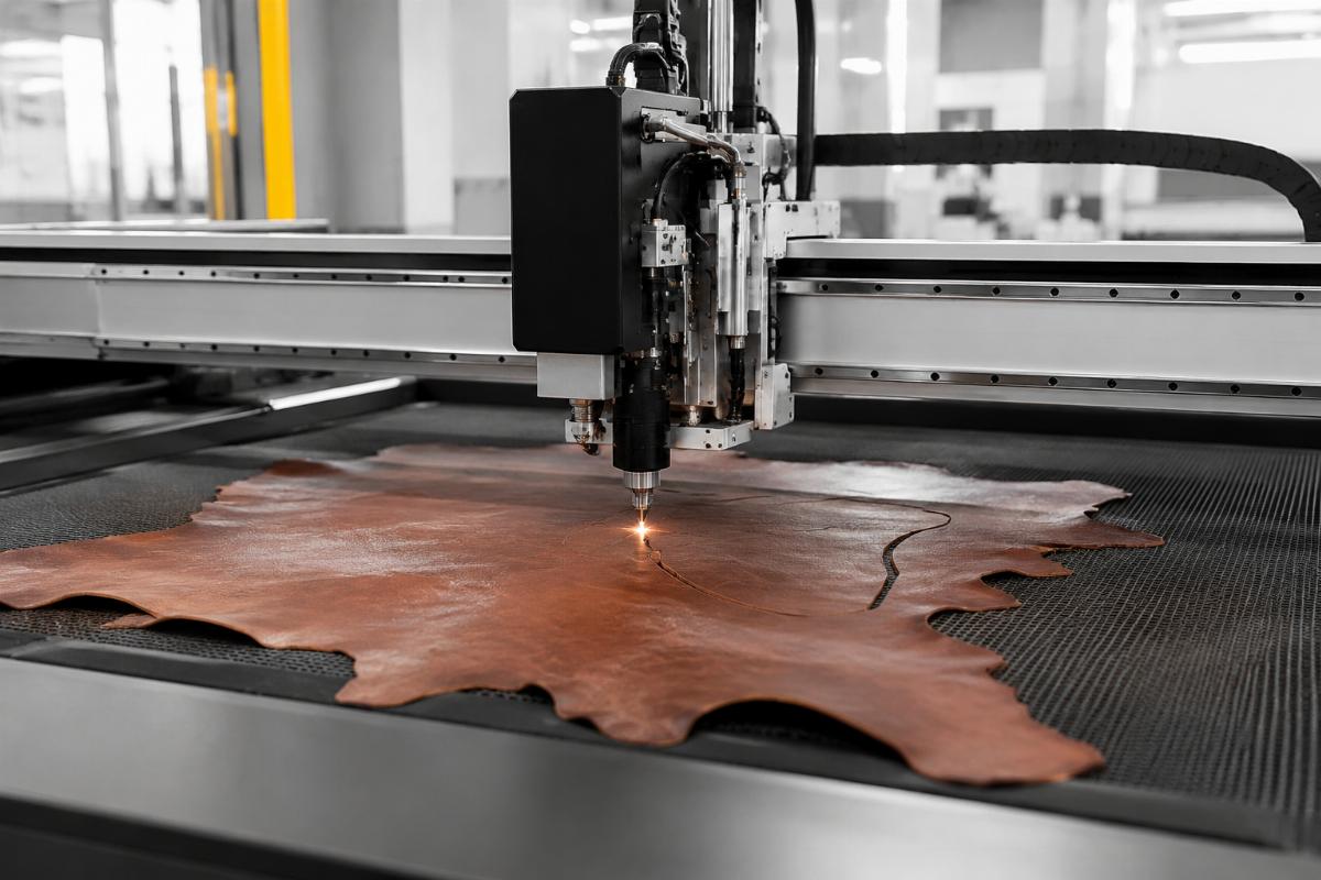 A factory floor with a CNC leather cutting machine processing full genuine leather hides