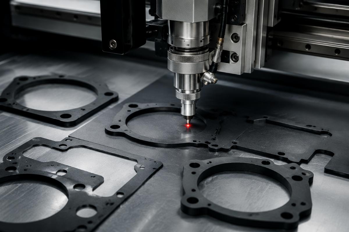 CNC cutting machine processing rubber material with clean, burr-free edges