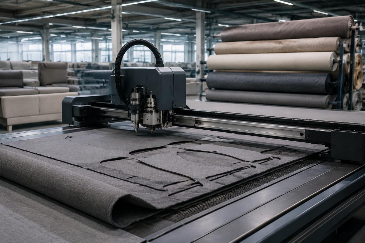 A production line of a mid-sized sofa factory running a CNC fabric cutting machine with stacked fabric rolls nearby