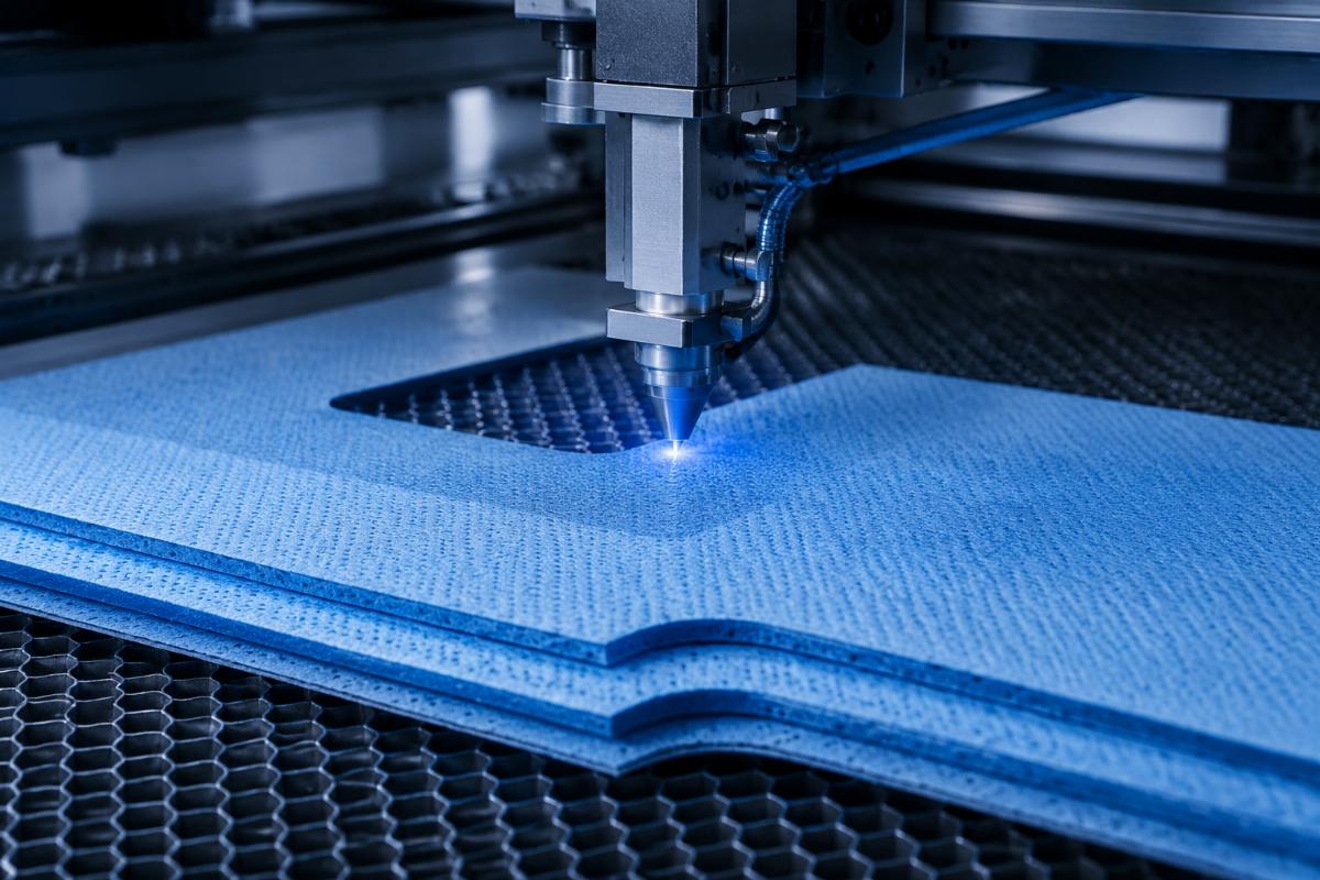 Cold cutting process showing clean, residue-free edges on 3 layers of non-woven fabric