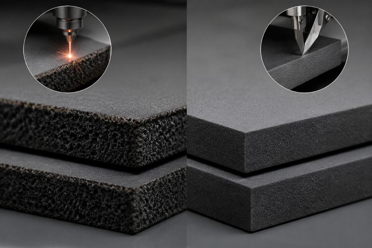 Side-by-side comparison showing burnt edges from laser cutting vs clean edges from cold cutting on the same EVA foam sample