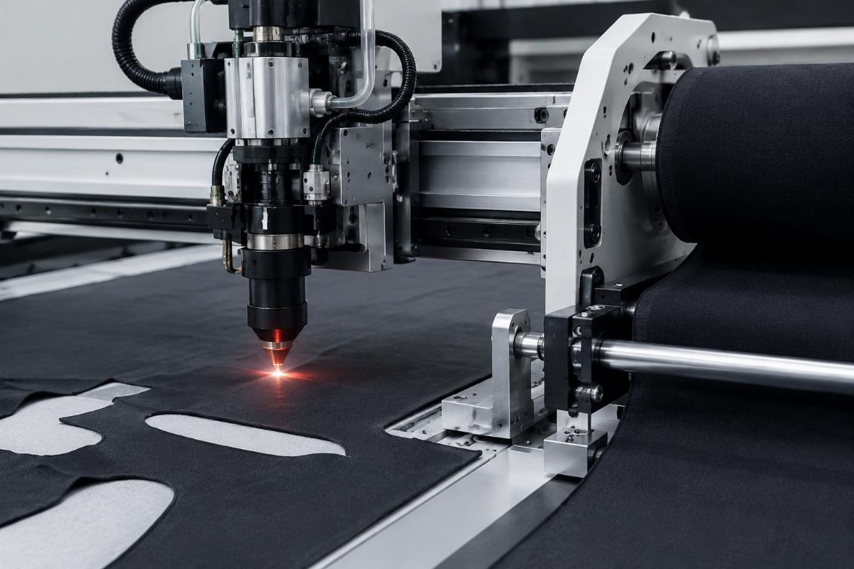 Close-up of the cutting head and auto-feeder mechanism on a CNC fabric cutting machine