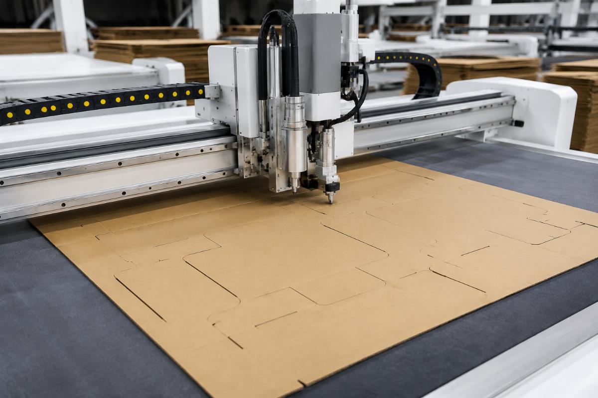 A workshop scene showing a CNC oscillating knife cutting machine processing corrugated cardboard sheets for packaging production