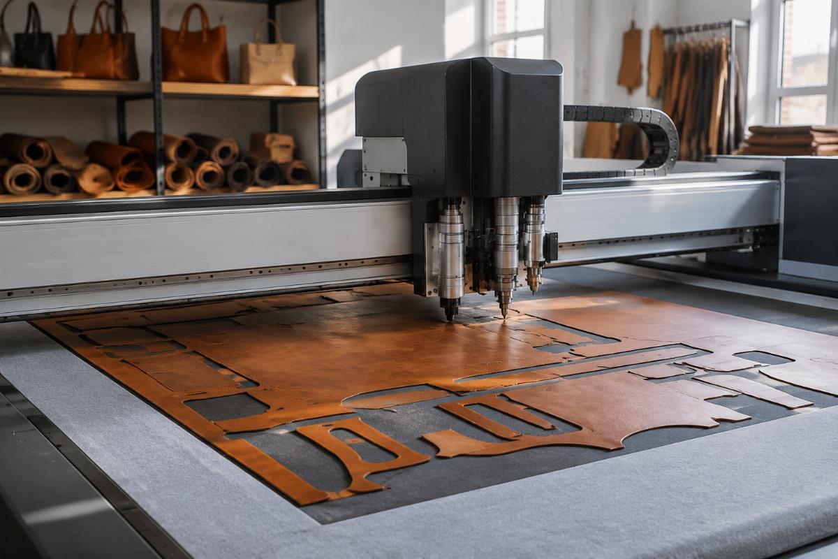 custom CNC cutting machine for leather and fabric processing A small leather goods workshop using cold cutting technology to process genuine leather without burnt edges