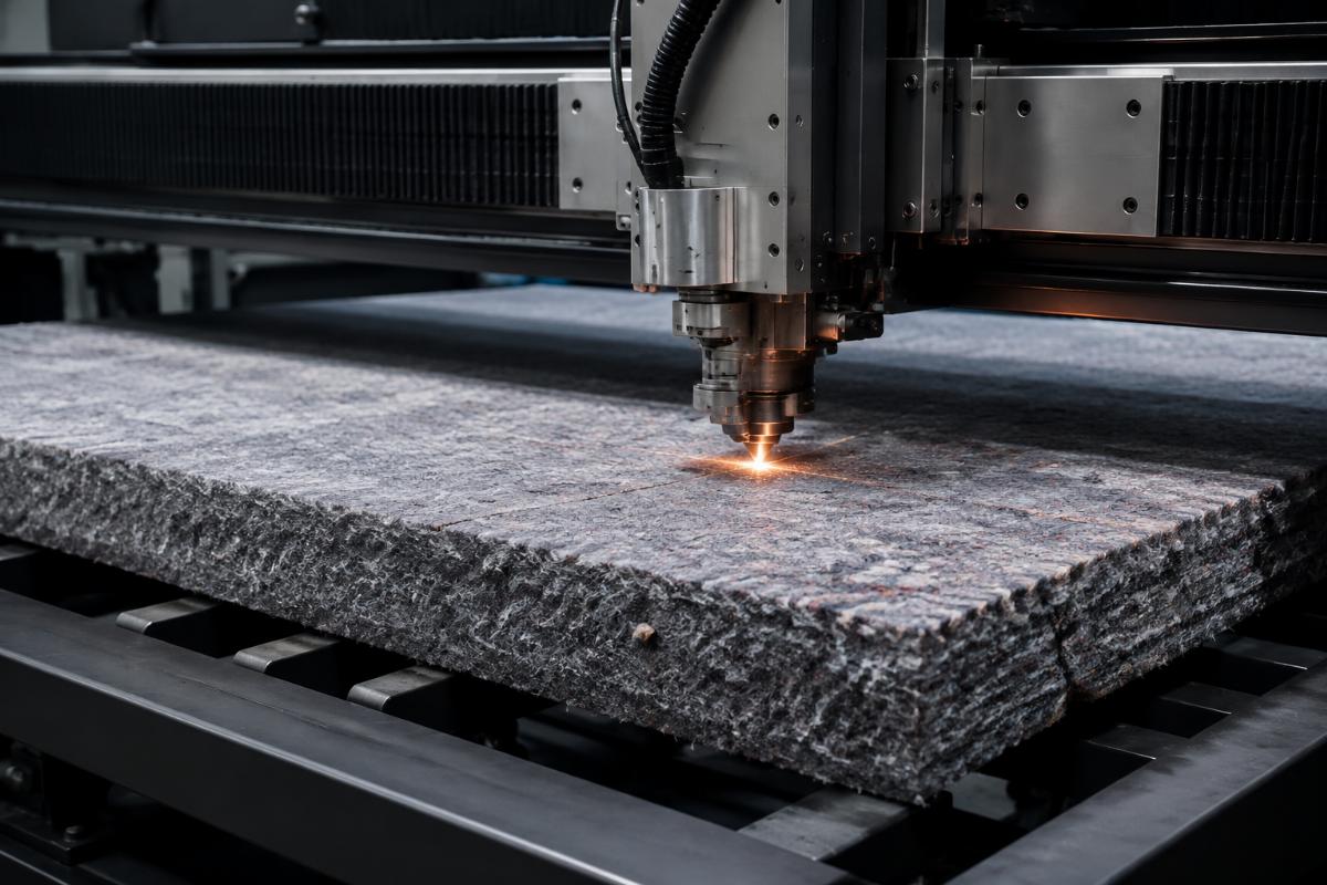 A custom configured heavy-duty CNC cutting machine processing thick carpet material