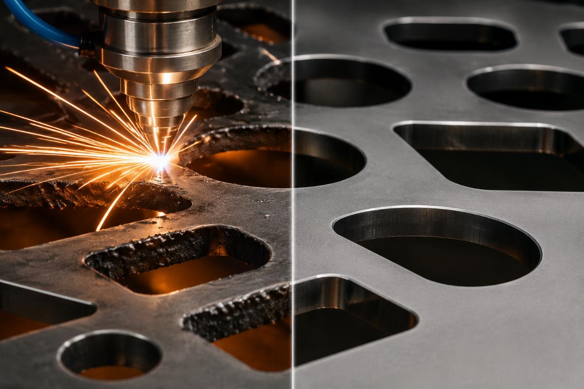 Close-up comparison of cut edges: left side shows charred edges from laser cutting, right side shows smooth clean edges from cold cutting