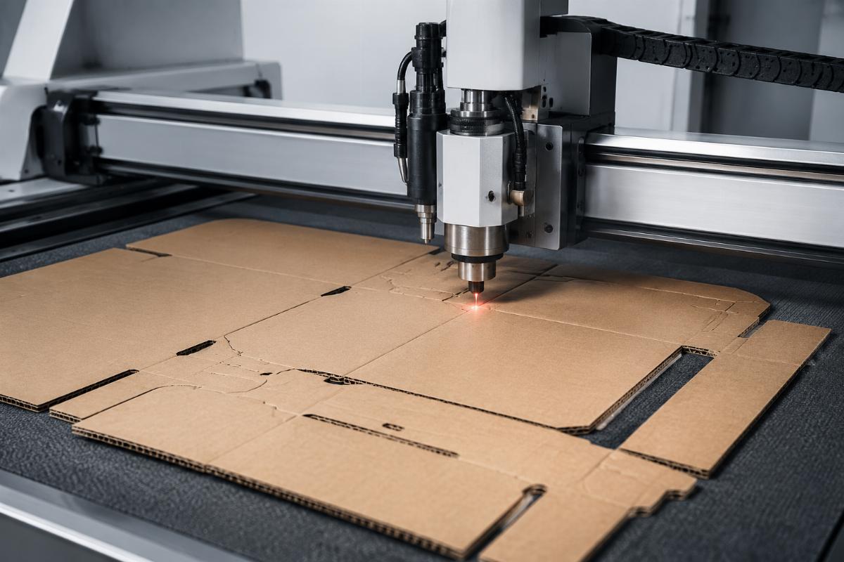 A CNC cutting machine processing corrugated cardboard for custom packaging samples