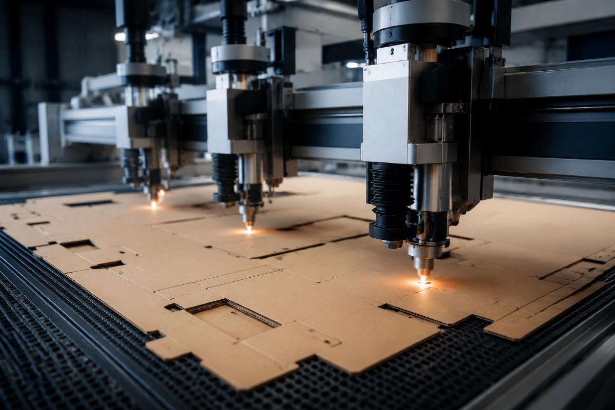 Packaging workshop with multi-head CNC cutting machine processing corrugated cardboard sheets