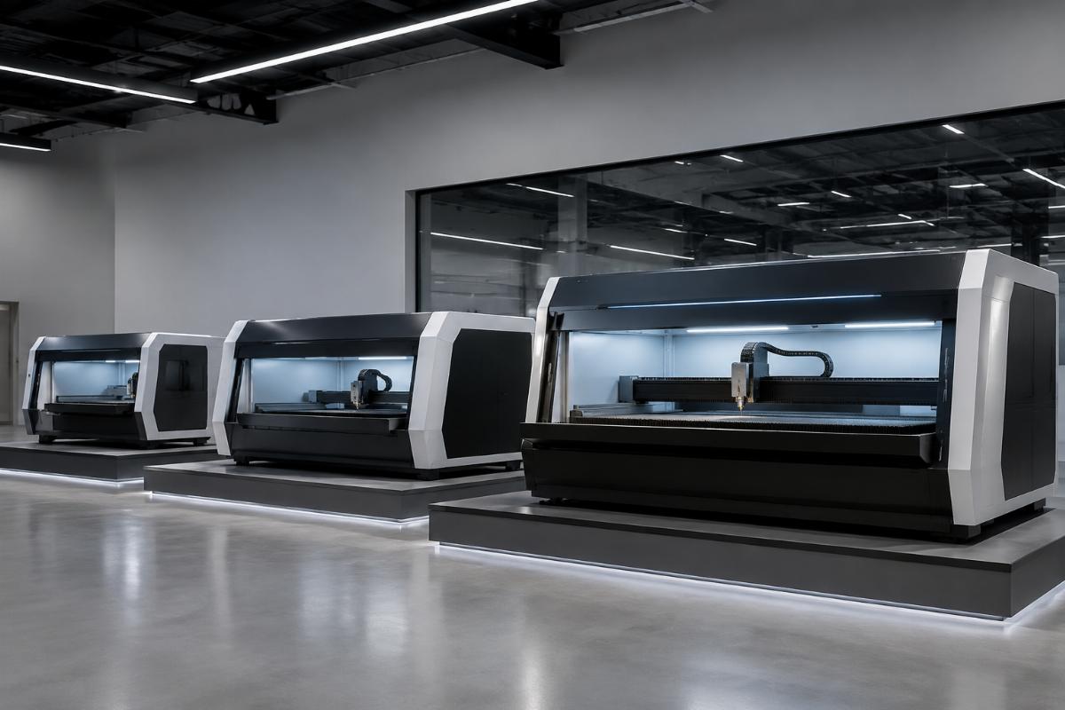 Tiered car interior CNC cutting machine units displayed in a factory showroom