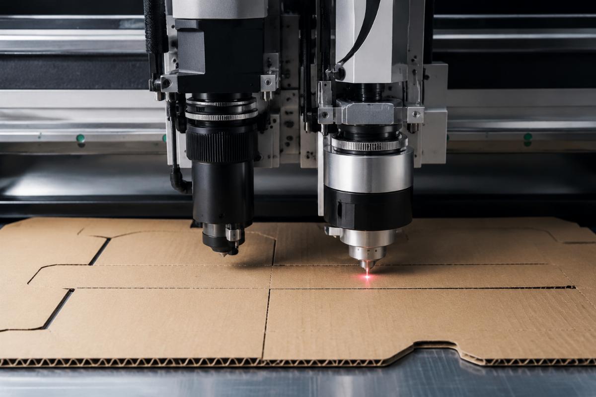 Dual tool configuration for creasing and V-cut on corrugated cutter A close-up of a dual-tool setup on a CNC corrugated cardboard cutting machine processing a test sheet