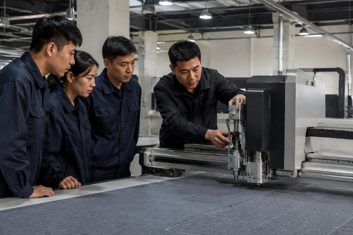 Free operator training for CNC sofa fabric cutting machine users A technician providing on-site operator training for factory workers next to a CNC cutting machine