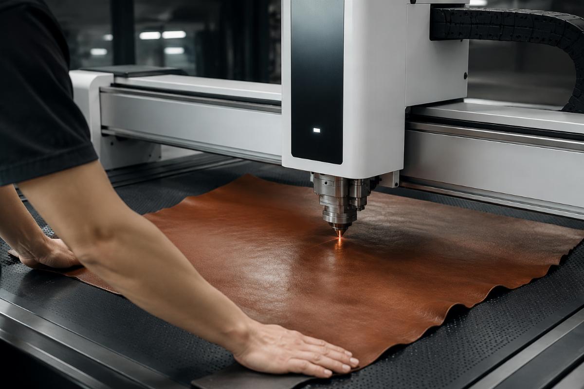 Genuine leather processing on a CNC cutting machine Worker feeding genuine leather material into a CNC cutting machine for processing