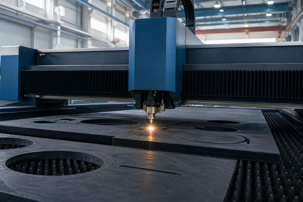 A factory floor with a heavy-duty CNC cutting machine processing thick rubber sheets
