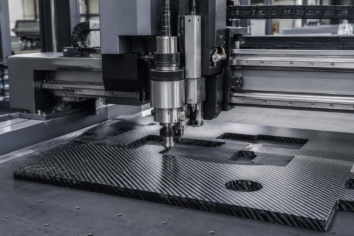 Heavy-duty CNC oscillating knife cutter cutting thick composite materials in an industrial facility