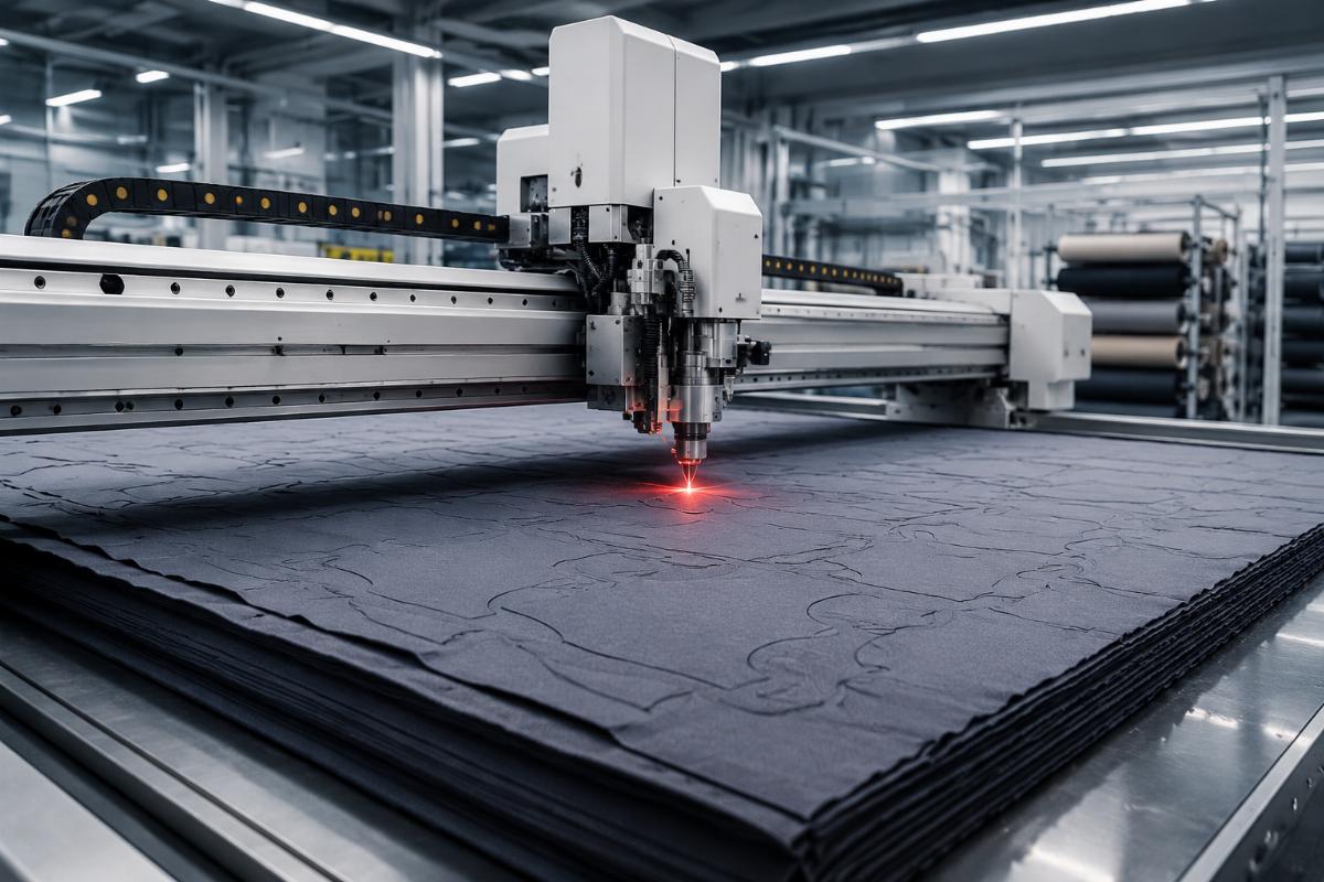 CNC fabric cutting machine processing multi-layer fabric in a production workshop