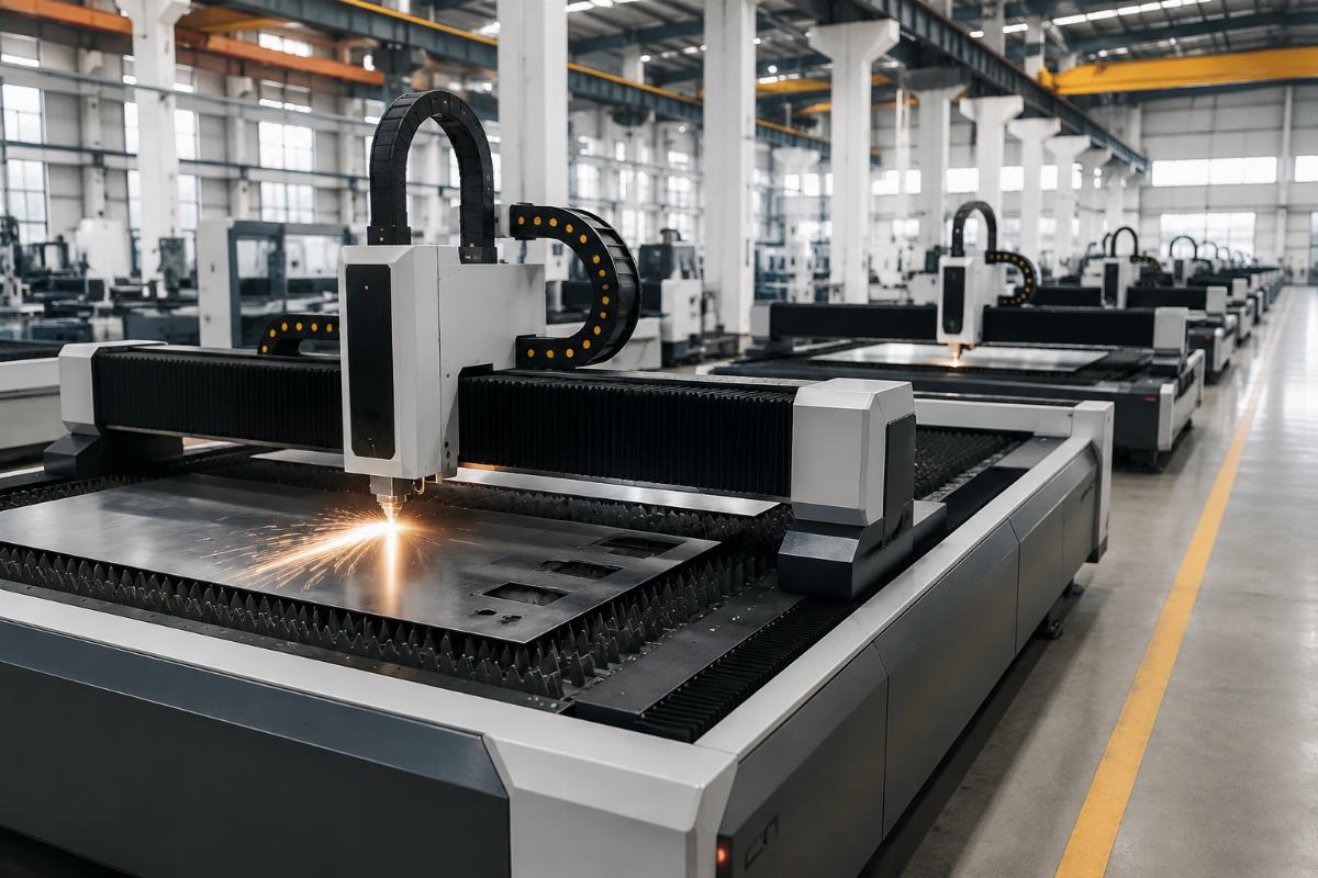 A CNC cutting machine production line with finished units ready for quality testing